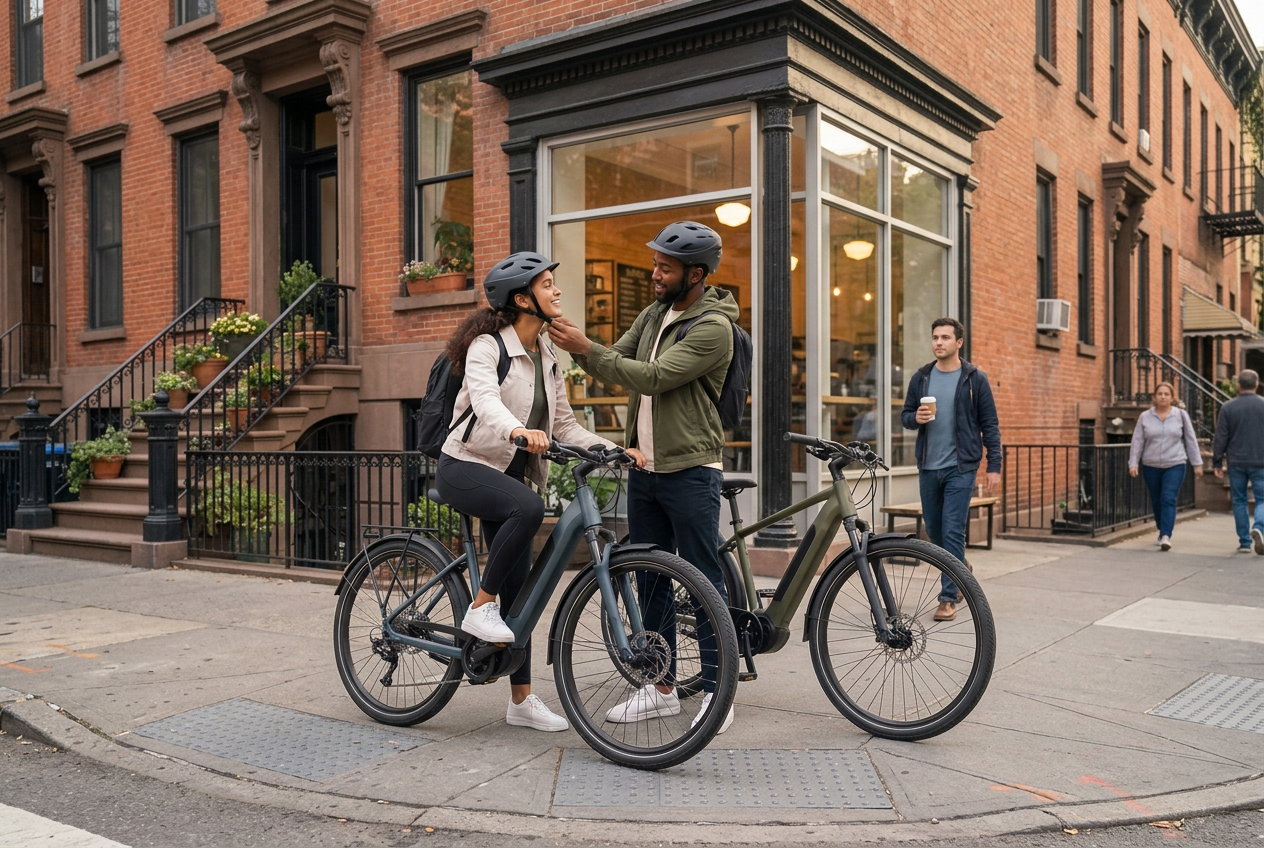 AI-created city lifestyle illustration of friends checking a helmet before their ride outside a Brooklyn coffee shop