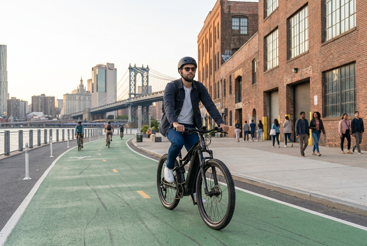 AI-created city lifestyle illustration of a helmeted pedal-assist rider on a waterfront bicycle lane with the Manhattan Bridge beyond