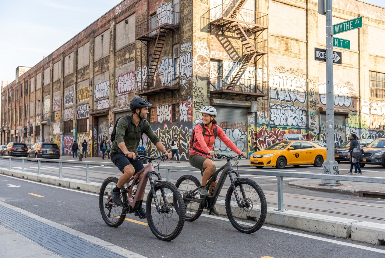 AI-created city lifestyle illustration of helmeted pedal-assist riders beside New York street art and intersection signs; not a specific model photograph